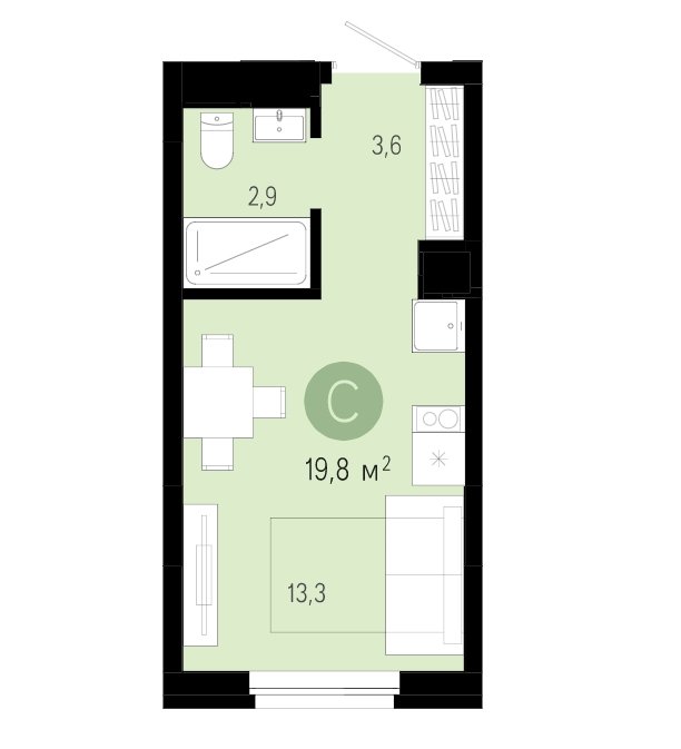 5 этаж 1-комнатн. 19.8 кв.м.